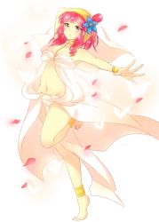 Rule 34 | 1girl, anklet, armlet, bad id, bad pixiv id, barefoot, blush, bracelet, bracer, breasts, cleavage, dancer, dancing, dress, flower, gluteal fold, groin, hair flower, hair ornament, harem outfit, headdress, highres, jewelry, korinda, lots of jewelry, magi the labyrinth of magic, medium breasts, midriff, miyuta, morgiana, navel, o-ring, petals, red hair, revealing clothes, solo, veil