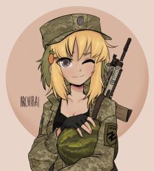 Rule 34 | 1girl, archirai, artist name, assault rifle, azov battalion, black shirt, blonde hair, brown hat, camouflage, camouflage jacket, earrings, fn scar, food, food-themed earrings, food themed earrings, fruit, gun, hat, highres, holding, holding food, jacket, jewelry, marichka, military, military hat, military uniform, one eye closed, original, patch, pineapple earrings, rifle, shirt, shoulder patch, smile, solo, ukrainian flag, uniform, watermelon, weapon