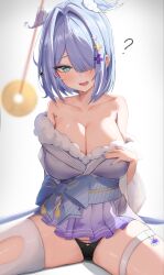 Rule 34 | 1girl, ?, absurdres, aqua eyes, bare shoulders, black panties, blue hair, blue nails, blush, breasts, cleavage, coin, coin on string, collarbone, elira pendora, elira pendora (2nd costume), fang, fur trim, hair ornament, hair over one eye, hairclip, head wings, heart, heart-shaped pupils, highres, holed coin, hypnosis, japanese clothes, kimono, large breasts, mind control, mole, mole on armpit, nail polish, nijisanji, nijisanji en, off shoulder, open mouth, panties, ruru (ruru nnnn), short hair, simple background, single thighhigh, sitting, skirt, solo, sweat, symbol-shaped pupils, thigh strap, thighhighs, thighs, underwear, virtual youtuber, wings