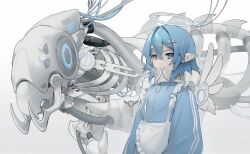 Rule 34 | 1girl, absurdres, apron, blue eyes, blue hair, blue jacket, expressionless, hair ornament, hairclip, halo, highres, jacket, long sleeves, maid, mazamuno, mechanical wings, original, pointy ears, short hair, solo, turtleneck, unconventional maid, wings, zipper