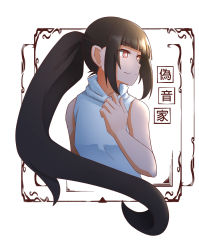 Rule 34 | 1girl, bare shoulders, black hair, blunt bangs, bright pupils, closed mouth, highres, long hair, niseoto, original, ponytail, red eyes, sleeveless, sleeveless sweater, smile, solo, sweater, upper body, white pupils, white sweater