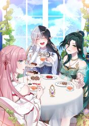 Rule 34 | 3girls, absurdres, algorhythm project, black hair, blue eyes, breasts, cup, desk, dress, earrings, effy (algorhythm project), eileennoir, evalia (algorhythm project), food, gradient hair, green eyes, green hair, grey hair, highres, holding, holding cup, iiazazel, jewelry, long hair, long sleeves, medium breasts, multicolored hair, multiple girls, open mouth, pink hair, plate, shen yue (algorhythm project), thai clothes, two-tone hair, virtual youtuber, white dress
