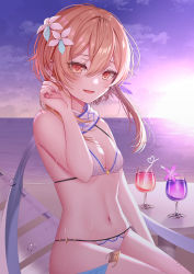 Rule 34 | 1girl, bare arms, bare shoulders, beach chair, bikini, blonde hair, breasts, cup, day, drinking glass, flower, genshin impact, hair flower, hair ornament, halterneck, highres, hurricane glass, izumo neru, looking at viewer, lumine (genshin impact), navel, ocean, open mouth, orange eyes, outdoors, scarf, short hair with long locks, skindentation, small breasts, smile, solo, stomach, string bikini, sunset, swimsuit, thighs, wet, white bikini
