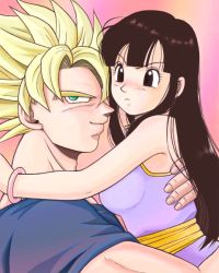 Rule 34 | 1boy, 1girl, arms around neck, bare arms, bare shoulders, black eyes, black hair, blonde hair, blunt bangs, bracelet, breasts, chi-chi (dragon ball), chinese clothes, couple, dragon ball, dragonball z, fingernails, from side, frown, gradient background, green eyes, hands on another&#039;s back, hetero, jewelry, light smile, long hair, looking away, masa (p-piyo), orange background, pink background, profile, short hair, simple background, sleeveless, smile, son goku, spiked hair, super saiyan, upper body, v-shaped eyebrows