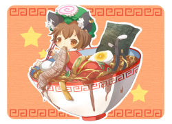 Rule 34 | 1girl, animal ear fluff, animal ears, bad id, bad pixiv id, bosutafu, bowl, brown eyes, brown hair, cat ears, cat girl, cat tail, chen, chibi, chopsticks, earrings, female focus, fingernails, food, green hat, hat, in bowl, in container, in food, jewelry, long fingernails, mini person, minigirl, mob cap, mouth hold, multiple tails, neko nabe, noodles, rounded corners, short hair, solo, tail, touhou, two tails, udon