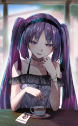 Rule 34 | 1girl, alternate costume, bare shoulders, black ribbon, blush, choker, commentary request, contemporary, cup, dress, elbows on table, fate/grand order, fate/hollow ataraxia, fate (series), hairband, ifuji shinsen, looking at viewer, napkin, open mouth, plate, purple eyes, purple hair, ribbon, shadow, sleeveless, sleeveless dress, solo, stheno (fate), tea, teacup, twintails