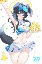 Rule 34 | 1girl, absurdres, animal ears, arm up, armpits, bare arms, bare shoulders, black hair, blue archive, blue eyes, blush, breasts, cheering, cheerleader, cleavage, clothes lift, confetti, cowboy shot, crop top, dalgam12, dog ears, dog tail, eyewear on head, gluteal fold, goggles, goggles on head, hair ornament, halo, hibiki (blue archive), hibiki (cheer squad) (blue archive), highres, holding, holding pom poms, long hair, looking at viewer, medium breasts, midriff, millennium cheerleader outfit (blue archive), miniskirt, navel, official alternate costume, open mouth, pleated skirt, pom pom (cheerleading), pom poms, ponytail, skirt, skirt lift, sleeveless, solo, star (symbol), star hair ornament, star print, star sticker, starry background, sticker on face, sunglasses, sweat, tail, thigh gap, white skirt