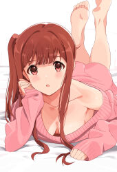 Rule 34 | barefoot, blunt bangs, breasts, brown hair, collarbone, commentary request, feet, highres, idolmaster, idolmaster million live!, long hair, looking at viewer, lying, medium breasts, off shoulder, on bed, on stomach, pink sweater, red eyes, side ponytail, sidelocks, single bare shoulder, sleeves past wrists, soles, sweat, sweater, tanaka kotoha, tetsujin momoko, the pose, toes