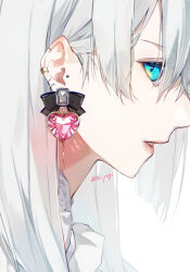 Rule 34 | 1girl, aqua eyes, ear piercing, earrings, from side, heart, heart earrings, highres, jewelry, lips, long hair, looking at viewer, looking to the side, original, parted lips, piercing, portrait, profile, sideways glance, simple background, solo, twitter username, white background, white hair, yagi (shiro yagi)
