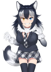 Rule 34 | 1girl, animal ear fluff, animal ears, bad id, bad pixiv id, black hair, black thighhighs, blue eyes, blush, breast pocket, breasts, cleavage, gloves, grey wolf (kemono friends), heterochromia, highres, kemono friends, large breasts, looking at viewer, maindo (mindrmindr), multicolored hair, plaid neckwear, pocket, simple background, solo, tail, thighhighs, two-tone hair, white background, white gloves, white hair, wolf ears, wolf girl, wolf tail, yellow eyes, zettai ryouiki