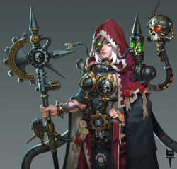 Rule 34 | 1girl, adeptus mechanicus, android, armor, cloak, closed mouth, eyepatch, grey background, hand on own hip, holding, holding polearm, holding weapon, lips, no pupils, polearm, red cloak, red robe, robe, scroll, servo-skull, short hair, skull, skull ornament, solo, source request, upper body, warhammer 40k, weapon, white hair, zhanghan