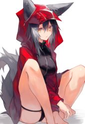 Rule 34 | 1girl, animal ears, arknights, black one-piece swimsuit, commentary, grey hair, highleg, highleg swimsuit, hood, hood up, hooded jacket, jacket, long sleeves, official alternate costume, one-piece swimsuit, open clothes, open jacket, projekt red (arknights), projekt red (light breeze) (arknights), red jacket, sasa onigiri, short hair, sidelocks, simple background, sitting, solo, swimsuit, tail, white background, wolf ears, wolf girl, wolf tail, yellow eyes