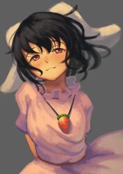 Rule 34 | 1girl, animal ears, arms behind back, black hair, blush, breasts, carrot necklace, closed mouth, commentary request, cowboy shot, dress, floppy ears, fujimi nao, grey background, hair between eyes, highres, inaba tewi, jewelry, looking at viewer, medium breasts, necklace, pink dress, rabbit ears, rabbit girl, red eyes, red sash, sash, short hair, simple background, smile, solo, touhou