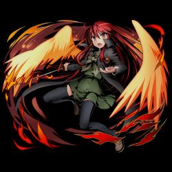 Rule 34 | 10s, 1girl, alastor (shakugan no shana), alpha transparency, black thighhighs, bow, bowtie, cape, divine gate, fire, floating hair, full body, green bow, green shirt, green skirt, hair between eyes, highres, holding, holding sword, holding weapon, leg up, long hair, official art, open mouth, orange wings, pleated skirt, red eyes, red hair, school uniform, shakugan no shana, shana, shirt, skirt, solo, sword, thighhighs, transparent background, ucmm, very long hair, weapon, zettai ryouiki
