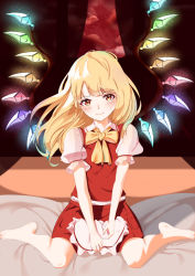 Rule 34 | 1girl, alternate hair length, alternate hairstyle, bad id, bad pixiv id, barefoot, blonde hair, blunt bangs, blush, bow, bowtie, breasts, closed mouth, cloud, cloudy sky, commentary request, crystal, curtains, feet, flandre scarlet, hair down, hat, head tilt, highres, holding, holding clothes, holding hat, indoors, light particles, light smile, long hair, looking at viewer, mob cap, murato (ummw2384), on bed, puffy short sleeves, puffy sleeves, red eyes, red skirt, red sky, red vest, short sleeves, sitting, skirt, sky, small breasts, solo, touhou, unworn hat, unworn headwear, vest, wariza, white hat, wing collar, wings, yellow bow, yellow bowtie