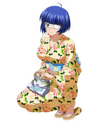 Rule 34 | 1girl, ahoge, blue hair, female focus, floral print, full body, geta, ikkitousen, japanese clothes, kimono, print kimono, ryomou shimei, simple background, smile, solo, squatting, white background