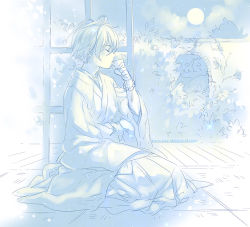 Rule 34 | 1boy, architecture, bad id, bad pixiv id, beads, blue theme, bracelet, character request, cup, drinking, east asian architecture, closed eyes, full moon, hakama, hakama skirt, japanese clothes, jewelry, kaze-hime, kimono, kneeling, male focus, monochrome, moon, obi, original, pale color, sash, short hair, sitting, skirt, sky, solo, star (symbol), watermark, white theme