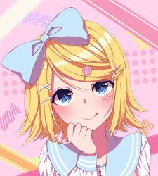 Rule 34 | 1girl, :p, absurdres, blonde hair, blue eyes, blue sailor collar, blush, collared shirt, earrings, hair between eyes, hair ornament, heart, highres, inu8neko, jewelry, kagamine rin, long sleeves, looking at viewer, sailor collar, sailor shirt, shirt, short hair, smile, solo, star (symbol), star earrings, swept bangs, tongue, tongue out, upper body, vocaloid, white shirt, x hair ornament