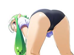 Rule 34 | 1girl, ass, ass focus, bare legs, bent over, blouse, blunt bangs, blush, buruma, covered mouth, cowboy shot, from behind, green hair, gym uniform, highres, inkling, inkling girl, inkling player character, kneepits, long hair, looking at viewer, looking back, nintendo, pointy ears, red eyes, shirt, simple background, solo, splatoon (series), splatoon 1, standing, tentacle hair, thighs, toraneko555, twintails, white background, white shirt