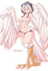 Rule 34 | 1girl, abs, absurdres, albalebiyu (master nabesama), bird legs, bird tail, breasts, character name, commentary request, covered erect nipples, feathered wings, feathers, hair between eyes, harpy, highres, hood, hood up, large breasts, master nabesama, micro shorts, monster girl, muscular, muscular female, navel, original, shorts, simple background, solo, tail, talons, white feathers, white hair, winged arms, wings, yellow eyes