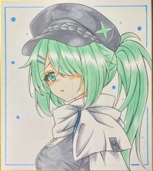 Rule 34 | 1girl, absurdres, black hat, black shirt, blue archive, blush, breasts, cabbie hat, closed mouth, commentary request, dakkusu, green eyes, green hair, hair ornament, hair over one eye, hairclip, hat, highres, hiyori (blue archive), long hair, looking at viewer, marker (medium), medium breasts, ponytail, shirt, solo, traditional media, upper body