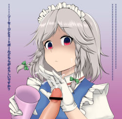 Rule 34 | 1boy, 1girl, angry, apron, bar censor, blue dress, braid, censored, cum, cup, dress, ejaculation, facial, frilled apron, frills, gloved handjob, gradient background, handjob, izayoi sakuya, looking at viewer, maid, maid apron, maid headdress, open mouth, penis, purple background, red eyes, shaded face, short hair, silver hair, touhou, translation request, twin braids, yumusiusu