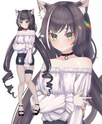 Rule 34 | 1girl, absurdres, animal ear fluff, animal ears, bare shoulders, bell, black choker, black footwear, black hair, black shorts, cat ears, cat girl, cat tail, choker, closed mouth, commentary request, fishnet pantyhose, fishnets, frilled shirt, frills, green eyes, highres, huge filesize, jingle bell, karyl (princess connect!), pantyhose under shorts, long hair, long sleeves, low twintails, multicolored hair, neck bell, off-shoulder shirt, off shoulder, pantyhose, pomp (qhtjd0120), princess connect!, puffy long sleeves, puffy sleeves, ringlets, shirt, shoes, short shorts, shorts, simple background, sleeves past wrists, streaked hair, tail, tail raised, twintails, very long hair, white background, white hair, white shirt, zoom layer