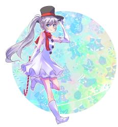 Rule 34 | 1girl, bare shoulders, blue eyes, blush, boots, breasts, candy, candy cane, closed mouth, dress, elbow gloves, food, full body, gloves, hand up, happy, hat, highres, holding, holding clothes, holding hat, iesupa, leg up, long hair, looking at viewer, ponytail, red scarf, rwby, scar, scar across eye, scar on face, scarf, side ponytail, skirt, smile, snowman costume, solo, standing, standing on one leg, top hat, very long hair, weiss schnee, white dress, white gloves, white hair