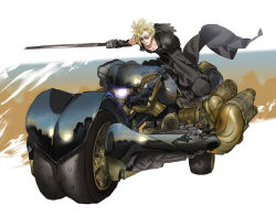 Rule 34 | 1boy, armor, black gloves, black pants, black shirt, blonde hair, cloud strife, final fantasy, final fantasy vii, final fantasy vii advent children, full body, fusion swords, gloves, goggles, headlight, holding, holding sword, holding weapon, male focus, mikuroron, on motorcycle, open collar, pants, shirt, short hair, shoulder armor, solo, spiked hair, sword, waist cape, weapon