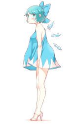 Rule 34 | adapted costume, alternate breast size, bad id, bad pixiv id, blue eyes, blue hair, blush, bow, breasts, cirno, dress, from side, full body, hair bow, high heels, highres, ice, ice wings, looking at viewer, medium breasts, non (z-art), short hair, simple background, sleeveless, sleeveless dress, solo, touhou, white background, wings