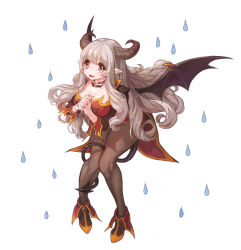Rule 34 | 1girl, black pantyhose, breasts, brown footwear, brown hair, brown jacket, choker, cleavage, commentary request, demon girl, demon horns, demon tail, demon wings, fang, full body, grey hair, highres, horns, jacket, kuzel (bonolangje), large breasts, long hair, long sleeves, original, own hands clasped, own hands together, pantyhose, parted lips, pointy ears, shoes, simple background, solo, tail, tearing up, tears, water drop, white background, wings
