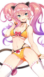 Rule 34 | 1girl, animal ears, bikini, breasts, cat ears, cat tail, earrings, fang, gradient hair, green eyes, heart, heart earrings, high heels, highres, jewelry, large breasts, long hair, looking at viewer, multicolored hair, navel, orange bikini, original, pink hair, purple hair, simple background, smile, solo, striped bikini, striped clothes, super zombie, swimsuit, tail, thighhighs, twintails, very long hair, white background, white thighhighs