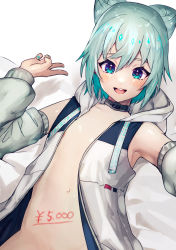 Rule 34 | 1boy, :d, blue eyes, blue hair, blush, body writing, choker, detached sleeves, double bun, groin, hair bun, highres, hood, hooded jacket, jacket, looking at viewer, male focus, naked jacket, navel, open clothes, open jacket, open mouth, original, out-of-frame censoring, price, roobababa, selfie, sleeveless, sleeveless jacket, smile, solo, trap, v, virtual youtuber, yoruhachi