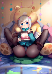 Rule 34 | 10s, 1girl, artist name, ass, bad id, bad pixiv id, bed sheet, black pantyhose, blue eyes, blush, bow, bow bra, bra, breasts, cleavage, closed mouth, crotch seam, drawing tablet, eromanga sensei, feet, green jacket, hair bow, hand up, holding, holding pen, indoors, izumi sagiri, jacket, legs up, liuzexiong, long hair, long sleeves, looking at viewer, lying, no shoes, on back, on bed, panties, panties under pantyhose, pantyhose, pen, pink bow, pink bra, see-through, sidelocks, silver hair, small breasts, smile, soles, solo, spread legs, stuffed animal, stuffed octopus, stuffed toy, stylus, teddy bear, thighband pantyhose, toe scrunch, toenails, toes, underwear, white panties