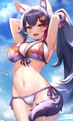 Rule 34 | 1girl, :d, alternate hairstyle, animal ears, armpits, arms behind head, bikini, black hair, blue sky, blush, breasts, brown eyes, cloud, day, deaver, fang, floral print, hair ornament, halterneck, highres, hololive, large breasts, long hair, looking at viewer, multicolored hair, navel, ookami mio, ookami mio (hololive summer 2019), open mouth, partially submerged, ponytail, print bikini, red hair, side-tie bikini bottom, sky, smile, solo, streaked hair, string bikini, swimsuit, tail, virtual youtuber, water, wet, wolf ears, wolf tail