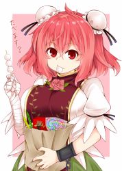 Rule 34 | 1girl, arm up, bag, bandaged arm, bandages, blush, breasts, candy, chain, commentary request, cuffs, dango, double bun, dress flower, eating, eyelashes, flower, food, food in mouth, gold trim, green skirt, hair bun, holding, holding bag, ibaraki kasen, large breasts, leaf, lollipop, looking at viewer, outside border, paper bag, pink background, pink eyes, pink flower, pink hair, pink rose, pocky, puffy sleeves, rose, shackles, shirt, short hair, short sleeves, skirt, solo, standing, tabard, touhou, vine print, wagashi, white shirt, zetsumame