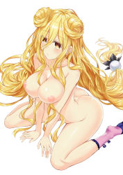 Rule 34 | 1girl, absurdres, ass, blank stare, blonde hair, blush, breasts squeezed together, breasts, butt crack, cleavage, date a live, double bun, expressionless, eyes visible through hair, feet out of frame, hair between eyes, highres, hoshimiya mukuro, jitome, large breasts, leaning forward, long hair, low-tied long hair, nipples, nude, simple background, sitting, socks, solo, thighs, tsubasaki, very long hair, wariza, white background, yellow eyes