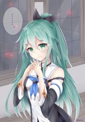 Rule 34 | ..., 10s, 1girl, absurdres, black ribbon, breasts, crane (machine), crossed fingers, detached sleeves, glowing, green hair, hair between eyes, hair ornament, hair ribbon, hairclip, hallway, highres, indoors, interlocked fingers, kantai collection, looking at viewer, night, own hands clasped, own hands together, ponytail, reshia (07ikaros08), ribbon, solo, spoken ellipsis, twitter username, uniform, window, yamakaze (kancolle)