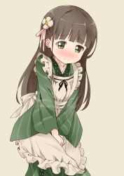 Rule 34 | 1girl, apron, back bow, bad id, bad pixiv id, beige background, between legs, blush, bow, brown hair, closed mouth, collarbone, embarrassed, female focus, flower, gochuumon wa usagi desu ka?, green eyes, green kimono, hair flower, hair ornament, hand between legs, have to pee, japanese clothes, kimono, leaning forward, long hair, long sleeves, looking at viewer, nose blush, own hands together, ratryu, simple background, solo, standing, striped clothes, striped kimono, ujimatsu chiya, v arms, wavy mouth, white flower, wide sleeves