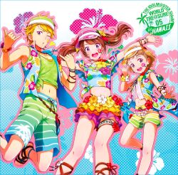 Rule 34 | 3boys, bare arms, blonde hair, bracelet, brown hair, child, fingernails, flower, hair flower, hair ornament, hat, hawaiian shirt, highres, himeno kanon, idolmaster, idolmaster side-m, idolmaster side-m live on stage!, jewelry, legs, maita rui, male focus, midriff, mizushima saki, multiple boys, navel, official alternate costume, official art, one eye closed, open mouth, outstretched arms, parted lips, sandals, shirt, shorts, skirt, smile, spread arms, teeth, toenails, toes, trap, twintails, upper teeth only, world tre@sure (idolmaster)