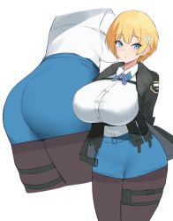 Rule 34 | 1girl, arms behind back, ass, black jacket, blonde hair, blue eyes, blue skirt, blush, breasts, buttons, curvy, girls&#039; frontline, hair ornament, holster, huge breasts, jacket, kuavera, looking at viewer, mole, mole under eye, pantyhose, parted lips, pouch, shirt, short hair, simple background, skirt, snowflake hair ornament, solo, thigh holster, unfinished, vsk-94 (girls&#039; frontline), white background