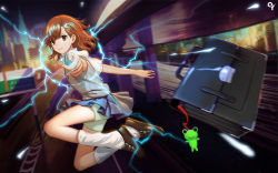 Rule 34 | 1girl, action, aiming, aiming at viewer, animal, attack, bag, blurry, briefcase, brown eyes, brown hair, building, closed mouth, coin, depth of field, electricity, electrokinesis, energy, frog, gekota, gloves, hair ornament, holding, holding coin, incoming attack, jumping, charm (object), kneehighs, liang xing, loafers, looking at viewer, medium hair, misaka mikoto, motion blur, outdoors, pleated skirt, psychic, railgun, reflection, school bag, school uniform, shirt, shoes, short sleeves, shorts, shorts under skirt, skirt, smile, socks, solo, sweater vest, toaru kagaku no railgun, toaru majutsu no index, upskirt, wallpaper, white socks, white shirt