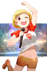 Rule 34 | 1girl, ;d, arm up, boots, breasts, brown eyes, character check, fukuda noriko, highres, holding, holding microphone, idolmaster, indoors, looking at viewer, medium breasts, microphone, nagian, navel, one eye closed, open mouth, orange footwear, orange shorts, photo background, shirt, short hair, short shorts, shorts, smile, solo, t-shirt, thigh boots, thighhighs