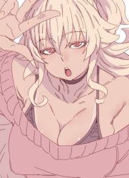 Rule 34 | 1girl, :o, amanda (sennen sensou aigis), bare shoulders, black bra, blonde hair, bra, breasts, cleavage, close-up, collarbone, commentary request, covered erect nipples, large breasts, medium hair, off shoulder, red eyes, simple background, solo, sweater, tan, tasaka shinnosuke, underwear, v, white background