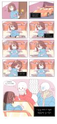 Rule 34 | 2boys, :d, absurdres, androgynous, armor, bad id, bad pixiv id, bed, blush, blush stickers, brown hair, closed eyes, comic, covering face, frisk (undertale), gloves, grin, hand in pocket, highres, hood, hoodie, korean text, looking to the side, luvruby, multiple boys, on bed, open mouth, papyrus (undertale), sans (undertale), scarf, sitting, skeleton, smile, sparkle, striped clothes, striped sweater, sweater, talking, translation request, turtleneck, undertale, upper body
