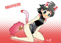 Rule 34 | 00s, 2008, animal ears, antenna hair, bare shoulders, barefoot, black eyes, black hair, blush, cat ears, cat tail, china dress, chinese clothes, covering privates, covering crotch, dress, dress tug, embarrassed, feather fan, folding fan, hamamoto ryuusuke, hand fan, idolmaster, idolmaster (classic), idolmaster 1, kemonomimi mode, kikuchi makoto, kneeling, short hair, solo, tail