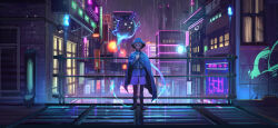 Rule 34 | absurdres, black footwear, blue cloak, blue headwear, blue jacket, boots, brown pants, building, cloak, closed mouth, commentary request, ghost, hand up, highres, jacket, long sleeves, looking at viewer, master detective archives: rain code, neon lights, night, night sky, ori (momonimo), outdoors, pants, railing, rain, shinigami (ghost) (rain code), shinigami (rain code), shirt, sky, solo, standing, white shirt, yuma kokohead