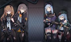 Rule 34 | 404 (girls&#039; frontline), 4girls, absurdres, aqua hair, armband, assault rifle, bad id, bad pixiv id, beret, black bow, black gloves, black headwear, black jacket, black legwear, black ribbon, black shorts, blunt bangs, bow, brown eyes, brown hair, bullpup, caseless firearm, closed mouth, clothing cutout, coat, commentary request, crossed bangs, facial mark, fingerless gloves, g11 (girls&#039; frontline), girls&#039; frontline, gloves, green eyes, green headwear, green jacket, grey eyes, grey hair, gun, h&amp;k g11, h&amp;k hk416, h&amp;k ump, h&amp;k ump, h&amp;k ump, hair between eyes, hair ornament, hairclip, hand up, hat, heckler &amp; koch, highres, hk416 (girls&#039; frontline), holding, holding gun, holding weapon, holster, hood, hood down, hooded jacket, horizontal magazine, jacket, knee pads, long hair, long sleeves, looking at another, looking at viewer, messy hair, multiple girls, navel, one side up, open clothes, open coat, open jacket, pantyhose, plaid, plaid skirt, red eyes, ribbon, rifle, scar, scar across eye, scar on face, scarf on head, shirt, shorts, shoulder cutout, skirt, smile, strap, submachine gun, suppressor, teardrop, thigh strap, thighhighs, torn clothes, trigger discipline, ump45 (girls&#039; frontline), ump9 (girls&#039; frontline), urim (paintur), weapon, white shirt, window magazine, zettai ryouiki