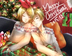 Rule 34 | 10s, 1boy, 1girl, 2015, alternate costume, bell, blanket, blonde hair, bow, box, brother and sister, christmas, christmas ornaments, christmas tree, collarbone, doll, gift, gift box, gloves, hair ornament, hair ribbon, hairclip, highres, holding, holding gift, indoors, kagamine len, kagamine rin, leaning on person, long sleeves, merry christmas, nutcracker, out of frame, parted lips, pillow, red bow, red gloves, red ribbon, ribbon, santa costume, short hair, siblings, sitting, sleeping, sleeves past wrists, suzaku aruma (alma-n), sweater, swept bangs, turtleneck, twins, v-neck, vocaloid