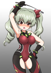 Rule 34 | 10s, 1girl, anchovy (girls und panzer), arm up, blush, bodysuit, claire harvey, claire harvey (cosplay), cosplay, cowboy shot, drill hair, elbow gloves, girls und panzer, gloves, gradient background, green hair, hair ornament, halterneck, hand on own hip, hiraga daidai, holding, holding riding crop, hundred (light novel), impossible clothes, leotard, long hair, looking at viewer, open mouth, red eyes, red leotard, riding crop, solo, standing, twin drills, twintails